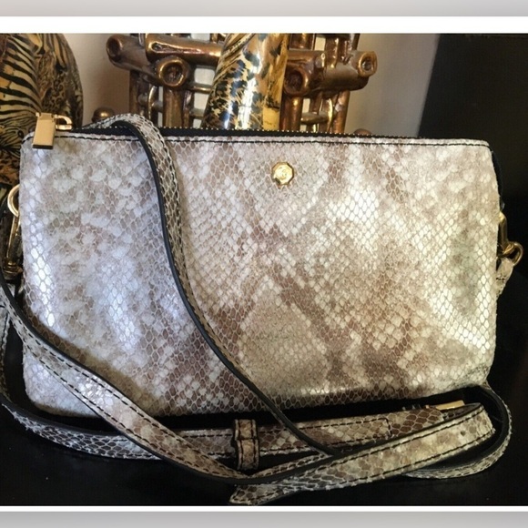 GILI leather snake print crossbody bag or clutch. Gray/white gold trim zip top - Picture 3 of 12